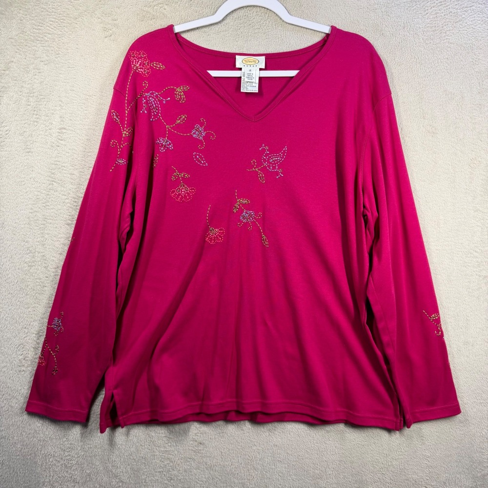 Talbots Top Women 1X Pink Embroidered V-Neck Long Sleeve Cotton Floral Bird Tee